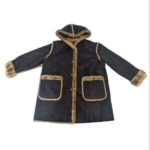 Dennis Basso Black Faux Suede Hooded Faux Fur Lined Car Pea Coat Reversible 1X‎